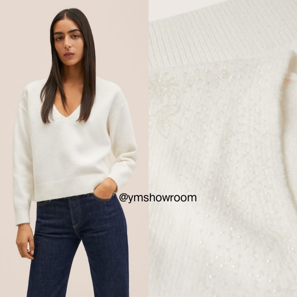 Mango Ivory V-Neck Knit Sweater